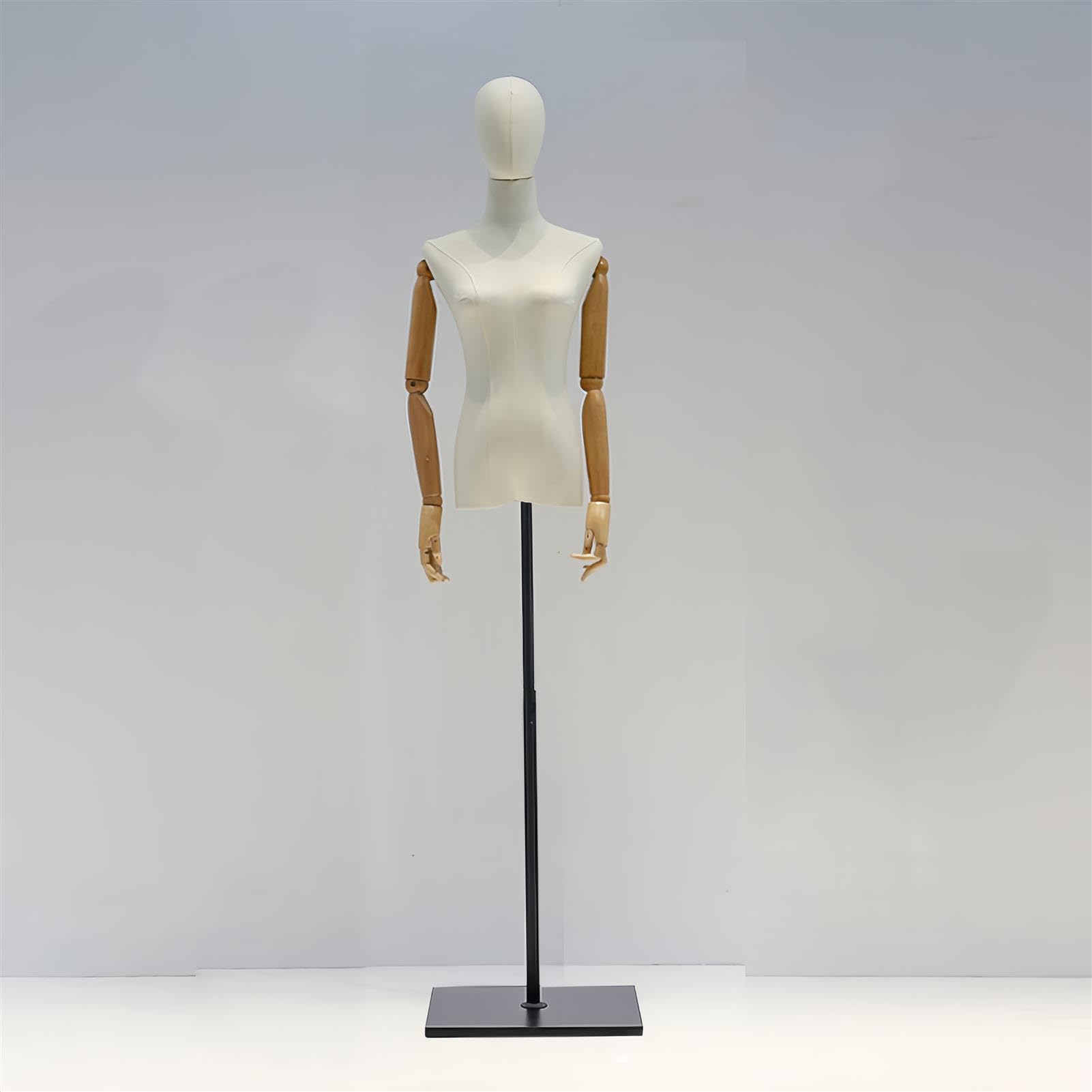 Buste de mannequin féminin réglable avec bras en bois et base en métal