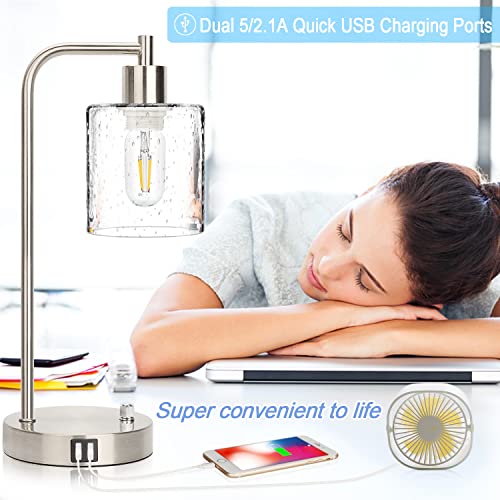 【Upgraded】Set Of 2 Industrial Table Lamps With 2 Usb Port, Fully Stepless Dimmable Lamps For Bedroom, Bedside Nightstand Desk Lamps With Glass Shade For Bedroom Living Room Office 2 Led Bulb Included #TOP2