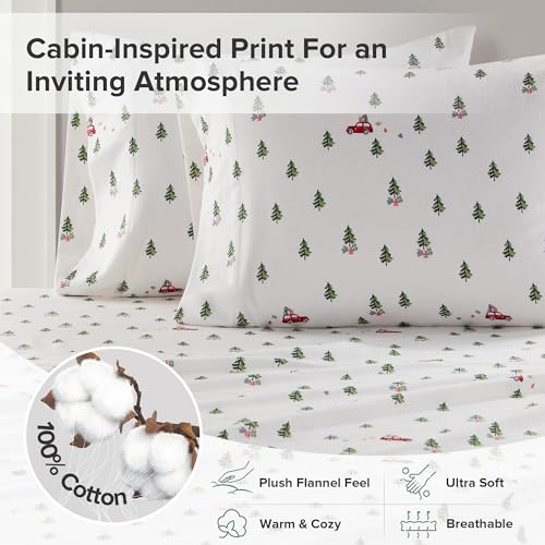 Image of Woolrich Cotton Sheet Set Cottage Charms Print, 100% Cotton Flannel Sheets Warm & Fuzzy Bedding Set Full Size Sheets, Fitted Pocket Fits Up to 12 inch Mattress, Full Green Tree Trip 4 Piece