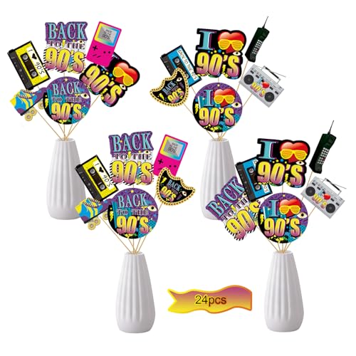 Yoaokiy 24pcs 90s Party Decorations, 90s Centerpiece Sticks, Table Toppers, Photo Booth Props, Multi Color, Yellow, Blue, Purple, Retro 90s Elements, Music Themed Birthday Party Decor