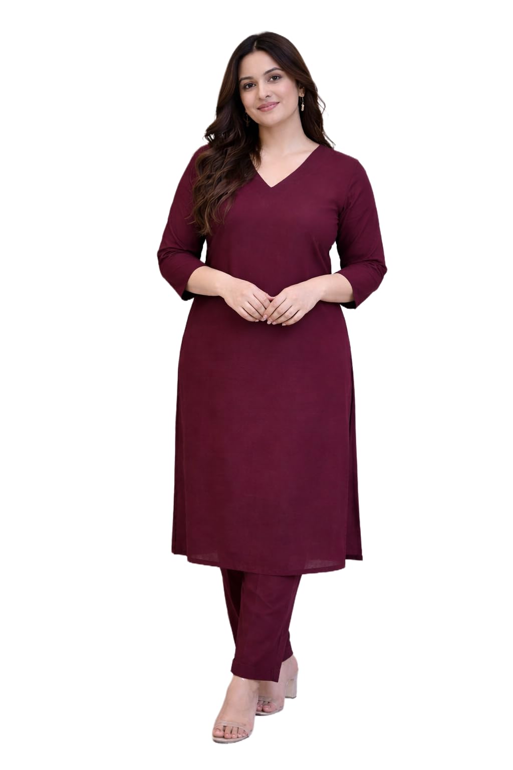 ANGAVASTRAM Cotton Blend Solid Straight Kurta Set for Women with Pant 3/4 Sleeve, V Neck Designer Kurta with Palazzo Pant Set