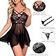 Satohom Damen Sexy Spitze Tiefes V Unterwäsche Nachthemd Unregelmäßiger Rock Kleid Set mit Tanga Chemise Durchsichtige Blumen Spitze Negligee mit Panty Mesh Sleepwear Babydoll Reizwäsche