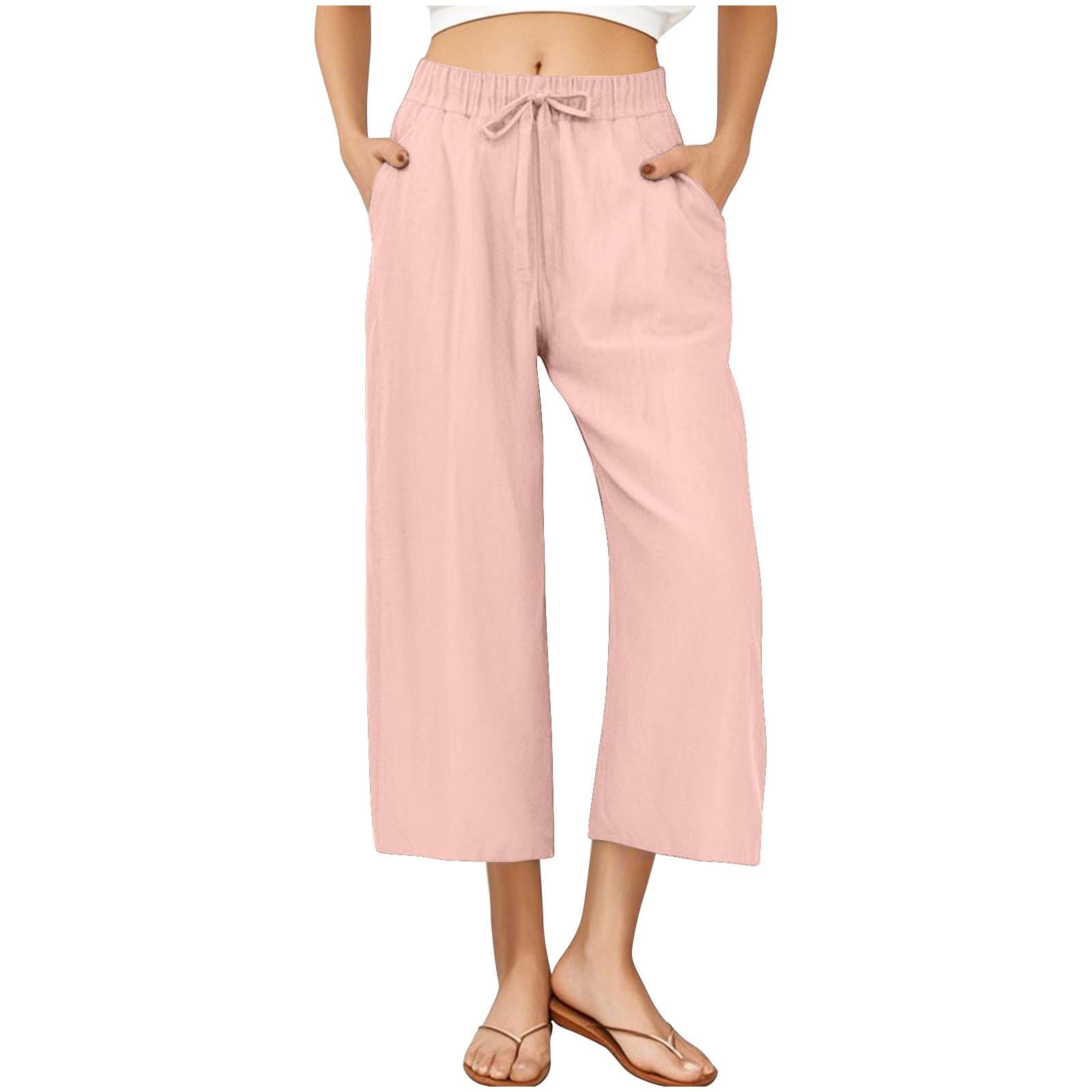 RLEHJN Damen Hosen,Weite Lose Gerade Geschnitten Palazzo Hose Hohe Taille Dehnbar Lounge Elegante Freizeithose Einfarbig Jogginghose Sommer Strandhose Freizeithose Stoffhose mit Tunnelzug und Taschen