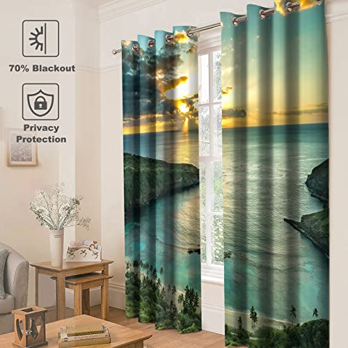 Jekeno Ocean Beach Blackout Curtains Ocean Morning Sunrise Decor for Bedroom Living Room with Hawaiian Seaside Scene Island Green Print Grommet Window Drapes 2 Panel Set, 52"x84"