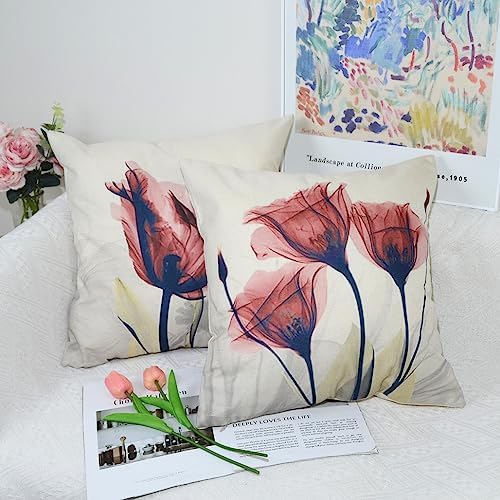 QUALKNOY Set of 4 Cushion Covers 18"x18" Red Flower Linen Modern Art Decorative Throw Pillow cases 45 x 45cm for Living Room Sofa Outdoor Pillowcases