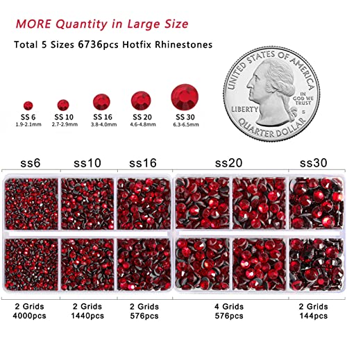 Image of 6736pcs Hotfix Rhinestones Flatback,Red Rhinestones for Crafts Clothes Mixed 5 Sizes, Hotfix Crystals with Tweezers and Wax Pencil Kit, SS6-SS30,Siam
