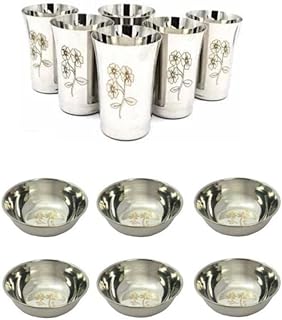 Durable Stainless Steel 6 PCS Bowl + 6 PCS Floal Printed Steel Drinking Glass (350ML) 12 PCS Combo