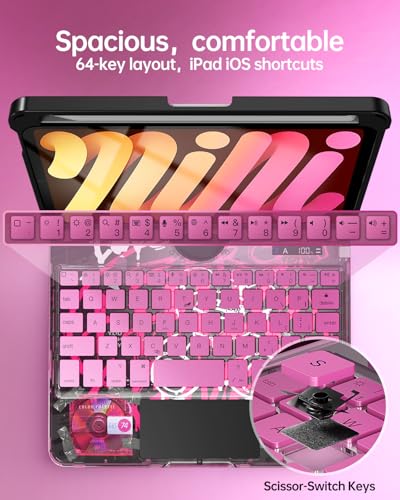 Image of Intermerge Keyboard Case for iPad mini 7 (A17 Pro, 2024) & Mini 6 (2021) 8.3 inch - 360 Swivel Multi-Touch Trackpad, 7-Color RGB Backlit Keys, Pencil Holder, Type-C Charging, Power Indicator-Blush Pulse