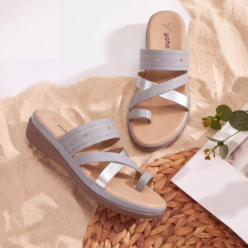 Image of YOHO Evergreen Slides Cross Strap Sandals for Women | Stylish, Comfortable Orthopedic & Anti Skid | Office, Summer, Beach, Casual Wear Flats for Ladies /Girls