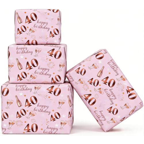 Jatidne 40th Birthday Wrapping Paper Women Rose Gold Pink Gift Wrap 40th Birthday Gifts for Women Pack of 6