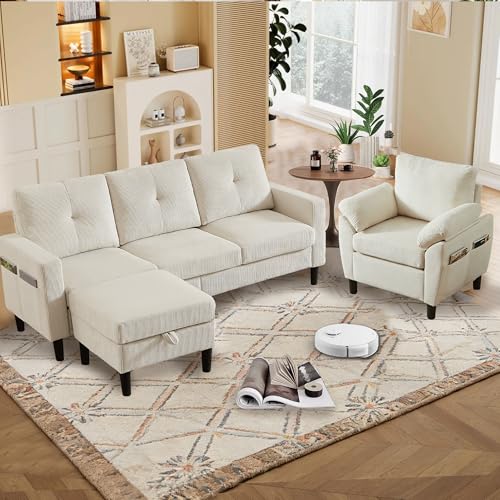 Image of 3 Pieces Sofa Set for Living Room with Sofa, Storage Ottoman and Single Chair