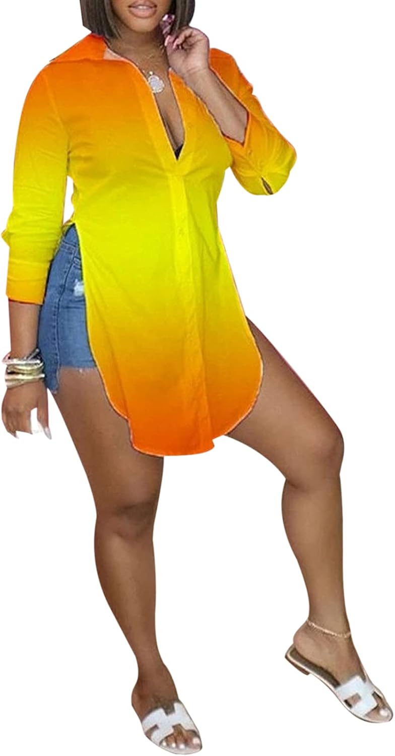 qfmqkpi Women Sexy V Neck Shirts Side Slit Print Long Sleeve Button Down Blouse Tops