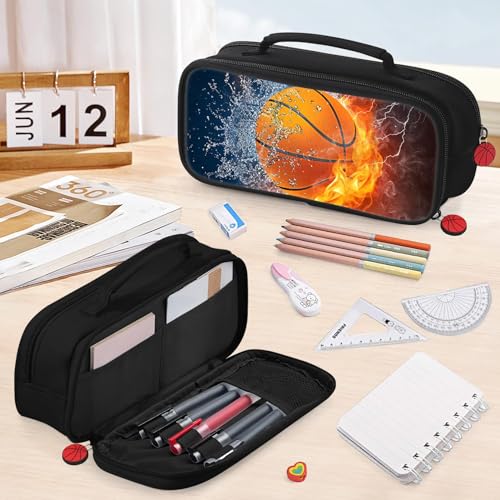 Image of Basketball Pencil Case for Boys - Large Pencil Pouch for Boys with Zipper Compartments & Handle - Big Capacity Pen Organizer Box Bag for Kids Teens School Supplies