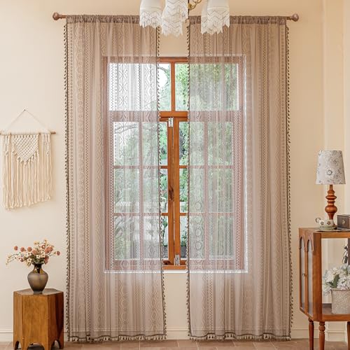 Image of MYSKY HOME Brown Boho Lace Sheer Curtains with Tassels 84 Inch Length 2 Panels Vintage Floral Bohemian Rustic Crochet Geometry Light Filtering Privacy Rod Pocket Drapes for Living Room Bedroom, 55 inch W