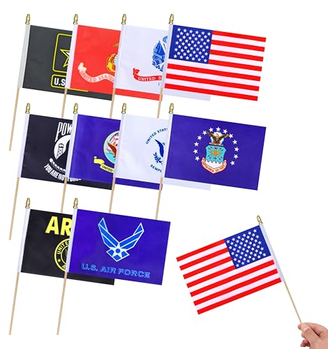 HSQCEZ 10Pcs Military Flag Set Small Army Armed Forces Flags On Wooden Stick All Military Branches Mini Hand Held Flags for Veterans Day Memorial Day USA Fourth of July Decorations 5x8 Inch