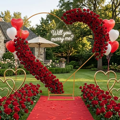 6.6ft Large Metal Heart Arch Stand & Will You Marry Me LED Neon Sign Proposal Decorations Kit Includes Red Carpet 4000 Rose Petals 30 Artificial Roses Marry Me Sign for Engagement Wedding Valentines Day(Yellow)