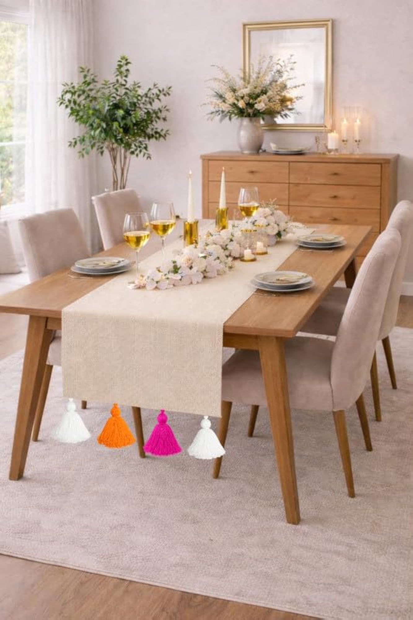 Neutral Table Runner with Tassels, 14x96 Inches