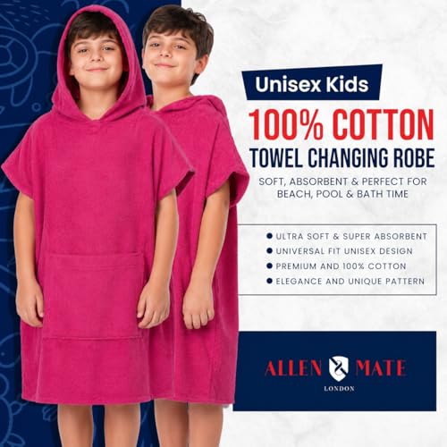 Image of ALLEN & MATE 100% Cotton Kids Hooded Surf Poncho Changing Robe, Quick Absorbent Wearable Swim Towel Boys & Girls, 6-13 Years