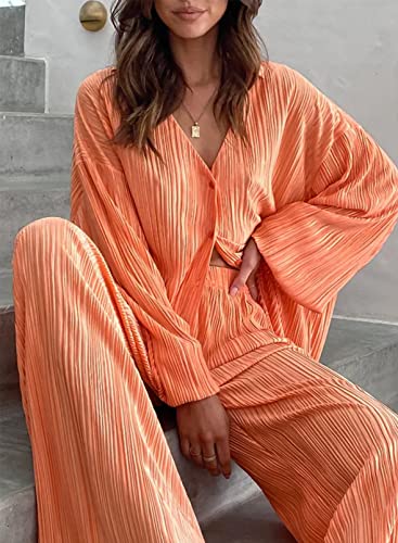 Onirike Womens Loungewear Set 2 Piece Sweatsuits Outfits Casual Pleated Long Sleeve Button Down Shirt And Palazzo Pants Orange L #TOP4