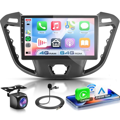 VECHTEL 4G+64G Autoradio Android 15 pour Ford Transit Tourio/Custom Tourneo 2013-2018, 9 Pouces HD Écran Tactile avec Carplay Android Auto sans Fil GPS Wi-FI USB Bluetooth 5.0 FM RDS Radio Caméra