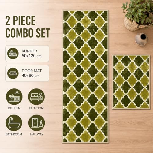 Image of Matz&More Anti Slip Kitchen Runner & Doormat Combo (50x120cm + 40x60cm), Nylon Tufted Floor Mat with Rubber Backing, Carpet for Bedroom, Bathroom, Entrance & Bedside, Trellis Two Toned Olive