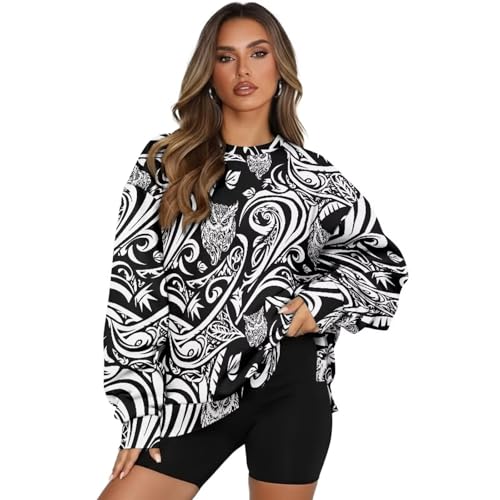 Irisjudy Tribal Art Owls Womens Crewnecks Oversized Sweatshirts Polynesian Hawaiian Tribal Sweatshir