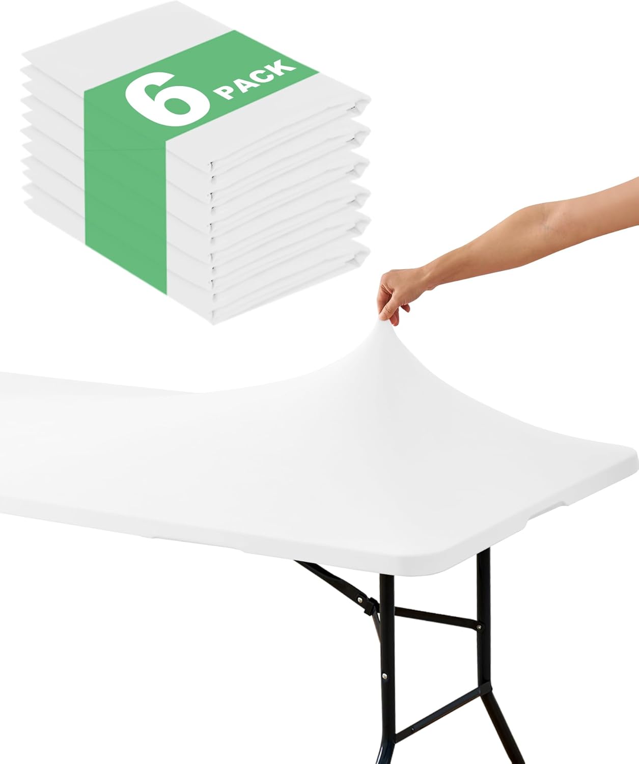 KeyWave Fitted Tablecloth Rectangle Table Cloths - 6 Pack 6 Foot Elastic Stretch Folding Table Top Cover Water-Resistant Reusable for Outdoor Picnic Camping Party Event, White, 72" L x 30" W