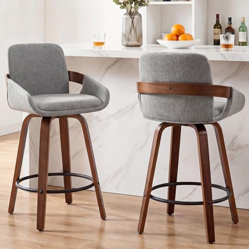 Butacos de barra Misshappy, altura de mostrador, set de 2 unidades, giratorios, con respaldo y reposabrazos, estilo moderno, capacidad de 300 libras, tapizados en tela tipo lino (gris claro)