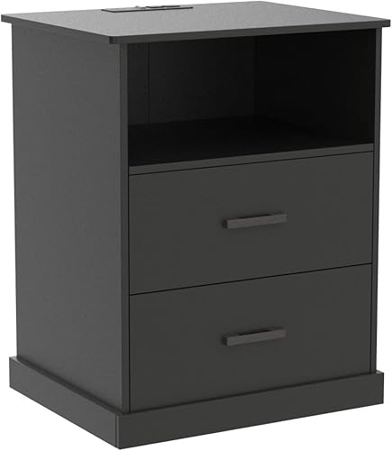 Miniatura 5 de Hasuit Juego de 2 mesas de noche con estación de carga mesa auxiliar grande con cajón de almacenamiento y cubito abierto mesa auxiliar de noche