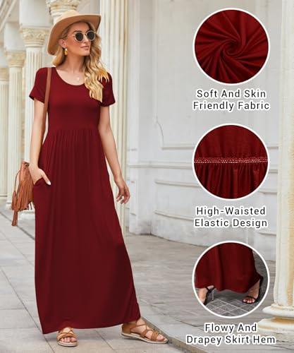 Image of EUOVMY Women's Short Sleeve Loose Plain Maxi Dresses Casual Vacation Long Dresses with Pockets