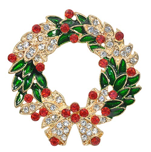 Gyn&Joy Green Red Austrian Crystal Round Wreath Bell Brooch Pin