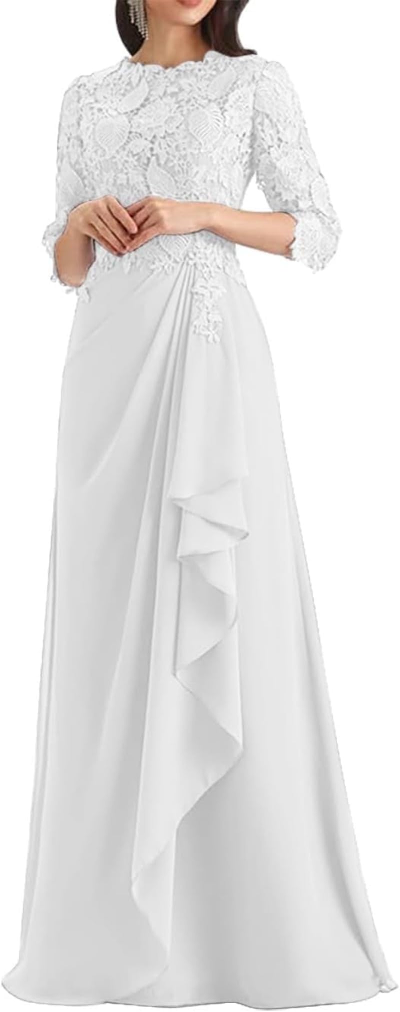 Mother of The Bride Dresses for Women Chiffon Lace Long Formal Dresses with Sleeves Ruched Formal Evening Gowns