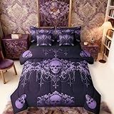 Erosebridal Gothic Bed in a Bag King Size Comforter Set 7 Pieces,Goth Sugar Skull Purple Damask Bedding Set,Bohemian Vintage Floral Comforter and Sheet Set,Exotic Antique Victorian Baroque Decor