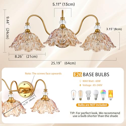 Image of Vintage Bathroom Vanity Light, 3-Light Matte Brass Finish Vanity Light with Flower-Shaped Amber Glass Shades, Retro Wall Sconce for Bathroom, Dressing Table