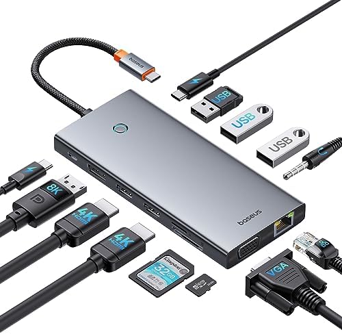Baseus USB C Docking Station 3 Monitor, 13 in 1 USB C Hub, 2 HDMI 4K@60Hz, DisplayPort 4K@120Hz, VGA, USB 3.1 10Gbps Data Transfer, PD 100W and Ethernet for Dell/HP/Lenovo/Surface Laptop