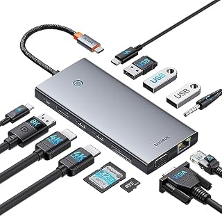 Baseus Stacja dokująca USB C, 3 monitory, koncentrator 13 w 1 USB C z 2 HDMI 4K 60 Hz, DisplayPort 4K 120 Hz, VGA, USB 3.1 10 Gb/s, PD 100 W i Ethernet do laptopów Dell/HP/Lenovo/Surface