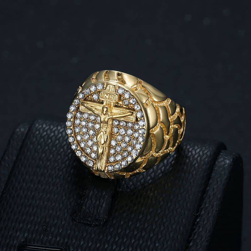 Fanshu Stainless Steel Jesus Cross Iced Out Gold Plated Religious Statement Ring with Cubic Zirconia Stones for Men Women Friends Gift Fashion Hip Hop Jewelry4