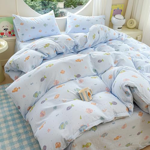 HighBuy Children Muslin Cotton Duvet Cover Queen Ocean Fish Printing Blue Bedding Duvet Cover Set 3 Piece for Kids Boys Teens Gauze Yarn-Dyed Comforter Cover Queen with 2 Pillow Shams by HighBuy - Used condition - Image 2