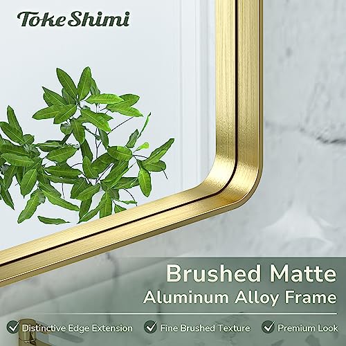 Tokeshimi Bathroom Mirror For Wall 24 X 32 Inch Gold Brushed Brass Metal Rounded Corner Rectangle Mirror Wall Mirror In Metal Frame #TOP2