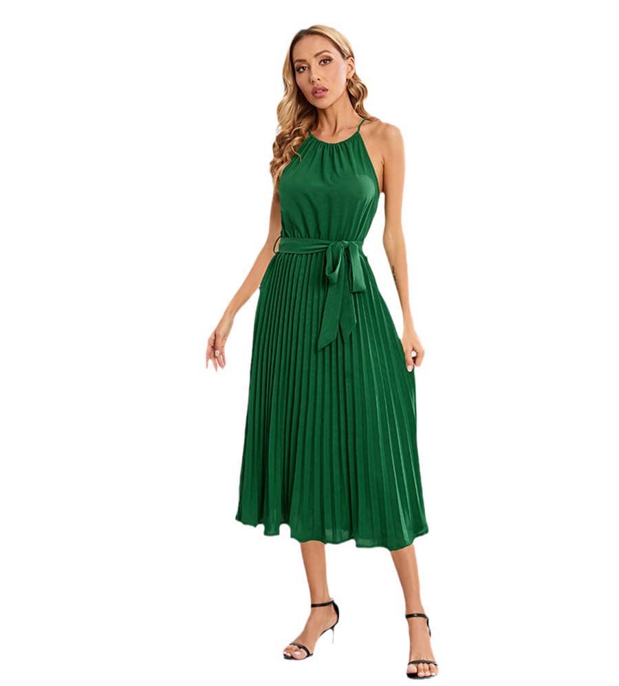Robe d'été mi-longue sans manches fluide anti-chaleur ceinture unie XXL