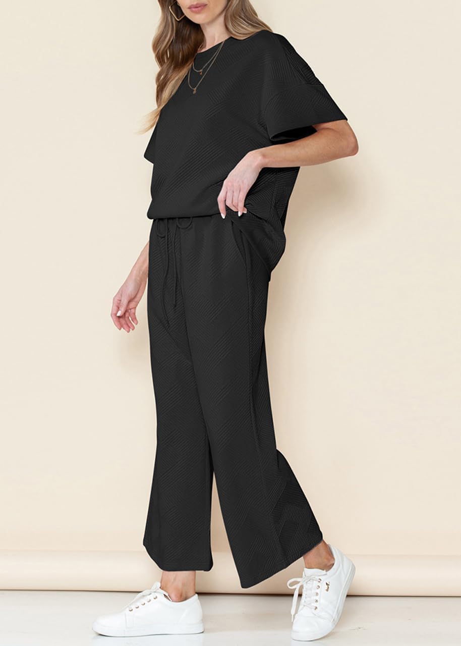 BXBY Women's 2 Piece Outfit Set Summer Lounge Going Out Matching Set Short Sleeve T-Shirt Wide Leg Pants Casual Wear - Image 3