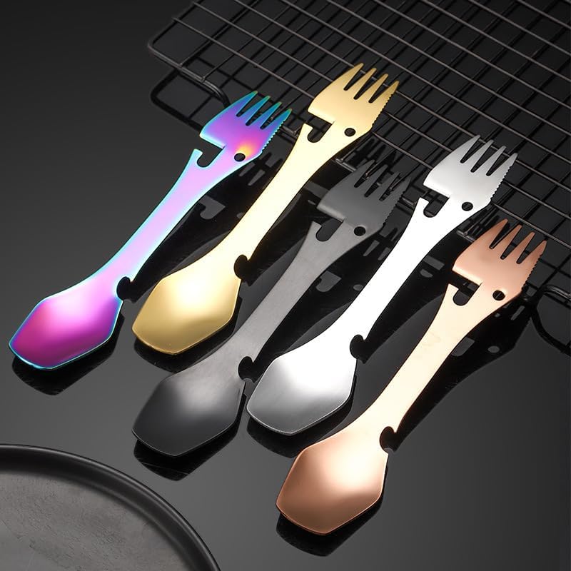 Silverware Flatware Set, 1/4/6/8/10/12 Piece Stainless Steel 5-in-1 Camping Utensil Set – Spoon, Fork, Bottle Opener, Can Knife – Portable Multi-Use Tableware for Outdoor Use(Gold,12 Pieces)