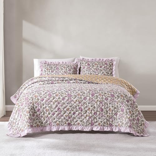 Lush Decor Lola Block Print Ruffle Reversible Floral Quilt 3 Piece Set King/Cal King Purple & Yellow - Block Print Quilt - Vintage Floral Bedding Set