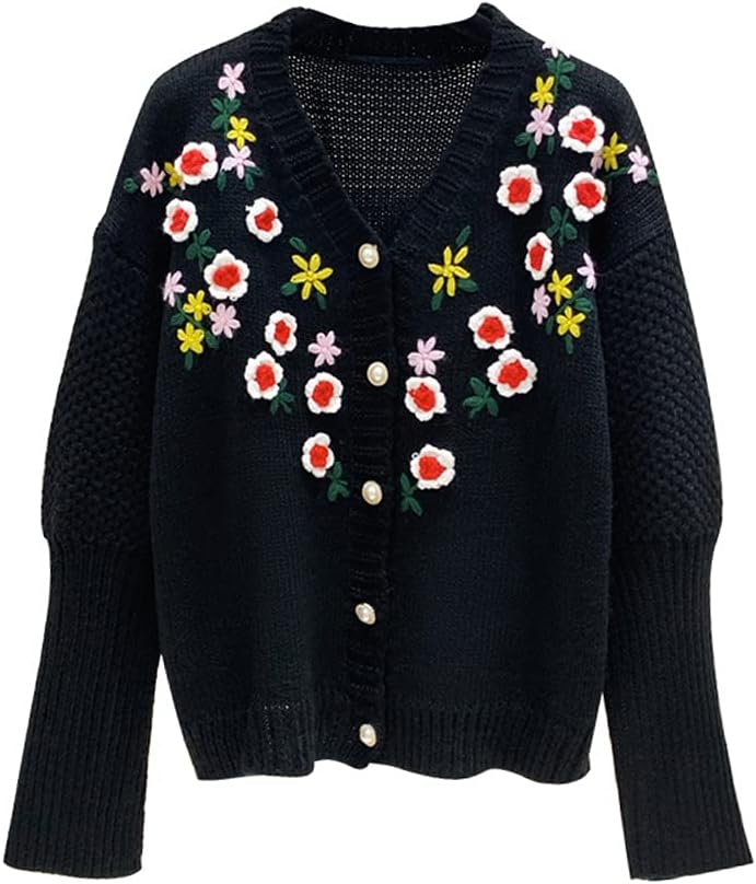 JJZXD ランタンスリーブVネックニットカーディガンジャケットの女性春と冬のレトロスリムセーター (Color : Black,