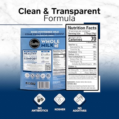 Healthier Comforts Organic Whole Milk Powder (7 oz) | USDA Organic Dried Milk | Non-GMO, Gluten Free, Kosher, Antibiotic & Hormone Free | Shelf Stable Powdered Milk in Resealable Bag - Thumbnail 2