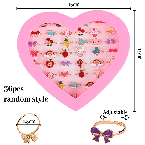 Hillylolly Ringe Mädchen, Kinderringe Mädchen Set, 36 Stück Kinder Ringe Schmuck, Fingerring Verstellbar, Ringe für Kinder Mädchen Geschenk, mit Herzform Vitrine, Zufälliger Stil (D)