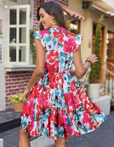 Image of HOTOUCH Women Printed Dress for Summer Short Ruffle Sleeve Dress Tiered Mini Dress with Pockets