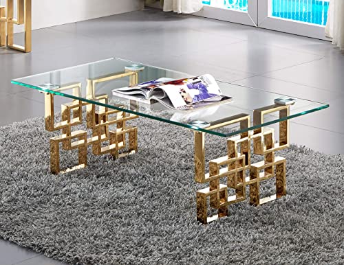 Meridian Furniture Pierre Collection Modern | Contemporary Square Glass Coffee Table With Stainless Steel Base And Rich Gold Finish, 48" W X 24" D X 16" H #TOP1