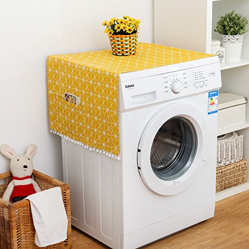 Image of Dust-Proof Refrigerator Cover Cotton Washing Machine Top Protector with Side Storage Bags Universal Cover Cloth for Home and Kitchen (Yellow Chessboard)