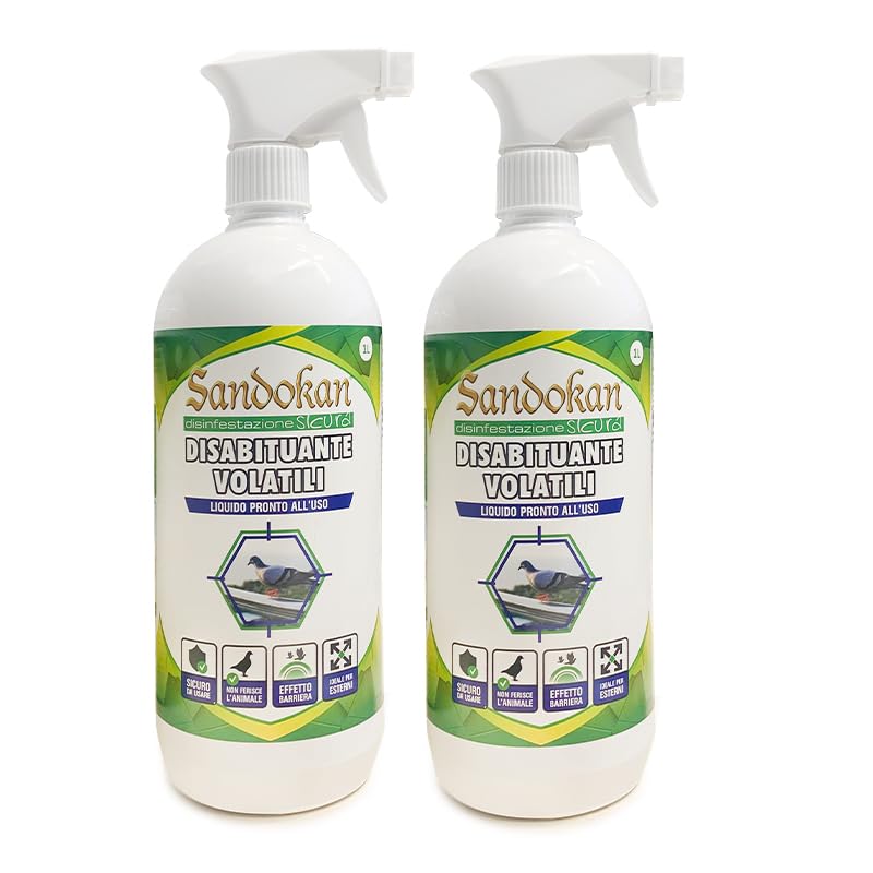 Sandokan 2 Ahuyentador de Palomas Spray 1 Litro, Repelente Natural de Aves Listo para Usar, Disuasorio Líquido para Balcones y Ventanas Sin Gas, Made In Italy